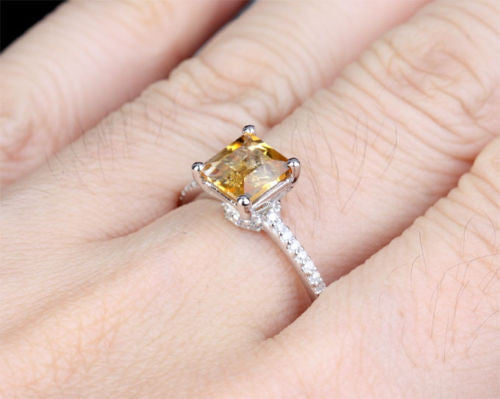 Princess Citrine Engagement Ring Pave Diamond Wedding 14K White Gold 6x6mm - Lord of Gem Rings - 3