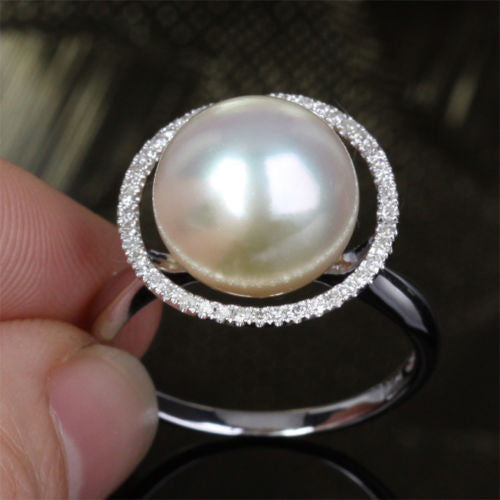Unique Halo 11mm South Sea Pearls 14K White Gold .35ct Diamonds Engagement Ring - Lord of Gem Rings - 9