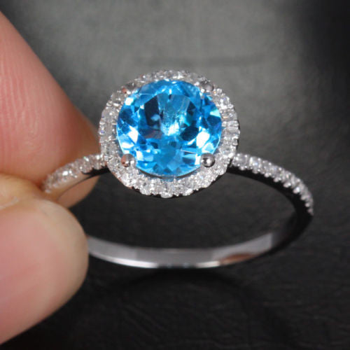Round Blue Topaz Engagement Ring Pave Diamond Wedding 14k White Gold 7mm - Lord of Gem Rings - 6