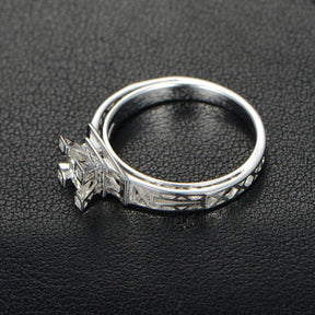 Round Moissanite Engagement Ring Diamond 18K White Gold Art Deco Filigree Hand Engraved - Lord of Gem Rings - 3