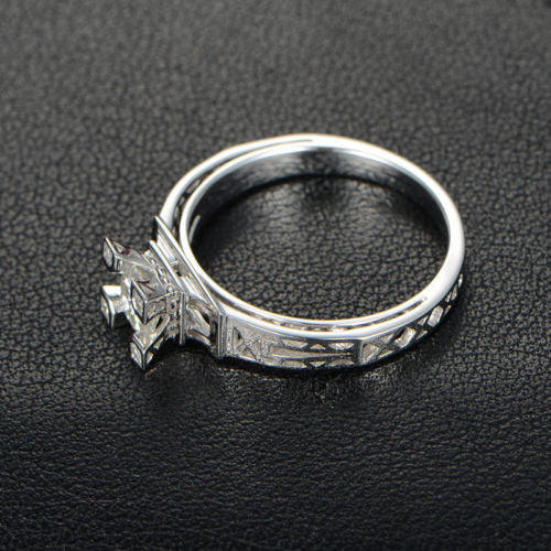 Round Moissanite Engagement Ring Diamond 18K White Gold Art Deco Filigree Hand Engraved - Lord of Gem Rings - 3