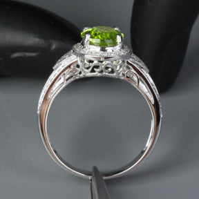 Oval Peridot Engagement Ring Pave Diamond Wedding 14K White Gold 7x9mm Milgrain - Lord of Gem Rings - 8
