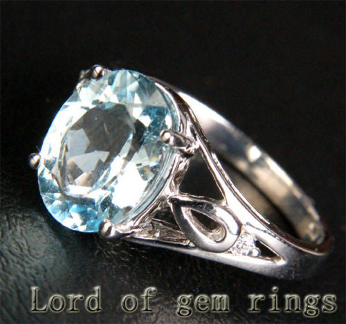 Oval Aquamarine Engagement Ring Diamond Wedding 14K White Gold 8x10mm Unique - Lord of Gem Rings - 2