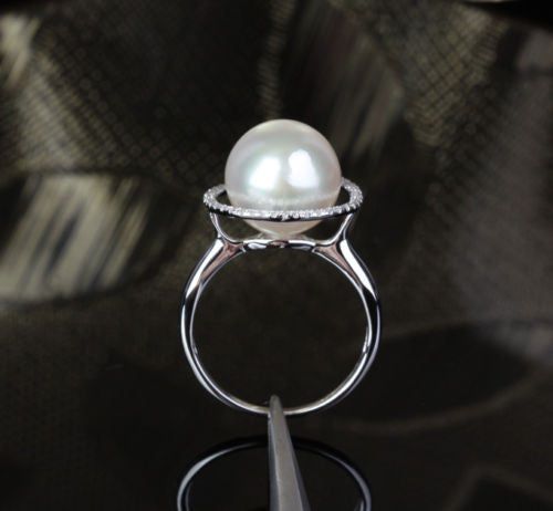 Unique Halo 11mm South Sea Pearls 14K White Gold .35ct Diamonds Engagement Ring - Lord of Gem Rings - 3