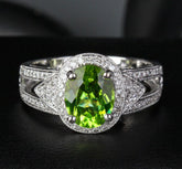 Oval Peridot Engagement Ring Pave Diamond Wedding 14K White Gold 7x9mm Milgrain - Lord of Gem Rings - 1
