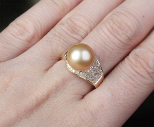 Unique Pave 10.8mm South Sea Pearl Solid 14K Yellow Gold .35ct Diamond Ring 4.4g - Lord of Gem Rings - 9