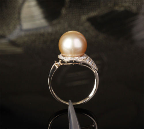 Unique Pave 10.8mm South Sea Pearl Solid 14K Yellow Gold .35ct Diamond Ring 4.4g - Lord of Gem Rings - 5