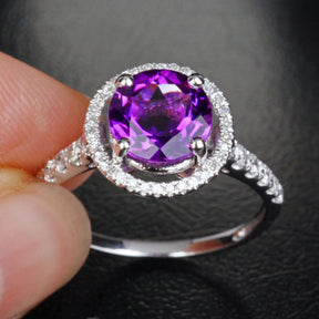 Round AMETHYST ENGAGEMENT RING Pave DIAMOND Wedding 14K WHITE GOLD 8mm - Lord of Gem Rings - 6