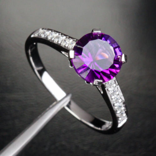 Round Amethyst Engagement Ring Pave Diamond Wedding 14K White Gold 7.3mm Cocktail - Lord of Gem Rings - 6
