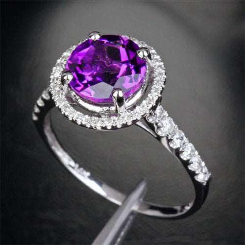 Round AMETHYST ENGAGEMENT RING Pave DIAMOND Wedding 14K WHITE GOLD 8mm - Lord of Gem Rings - 4