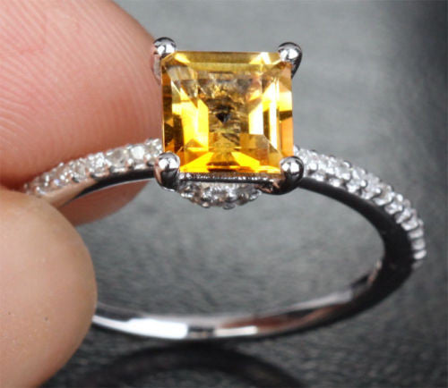 Princess Citrine Engagement Ring Pave Diamond Wedding 14K White Gold 6x6mm - Lord of Gem Rings - 7