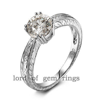 Round Moissanite Engagement Ring 14K White Gold 6.5mm  Hot Hand Engraved Scroll - Lord of Gem Rings - 1