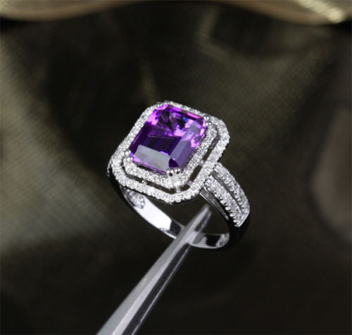 Reserved for will Emerald Cut Amethyst Engagement Ring Pave Diamond Wedding 14k White Gold - Lord of Gem Rings - 5