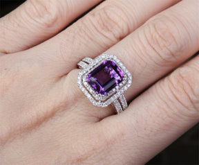 Reserved for will Emerald Cut Amethyst Engagement Ring Pave Diamond Wedding 14k White Gold - Lord of Gem Rings - 9