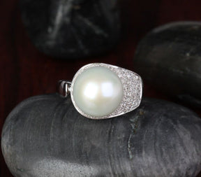 Unique 11.65mm South Sea Pearl Real 14K White Gold Pave .45ct Diamond Ring 6.16g - Lord of Gem Rings - 7