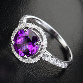 Round AMETHYST ENGAGEMENT RING Pave DIAMOND Wedding 14K WHITE GOLD 8mm - Lord of Gem Rings - 3