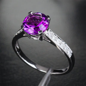 Round Amethyst Engagement Ring Pave Diamond Wedding 14K White Gold 7.3mm Cocktail - Lord of Gem Rings - 3