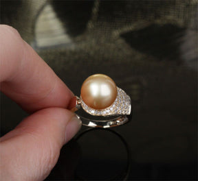 Unique Pave 10.8mm South Sea Pearl Solid 14K Yellow Gold .35ct Diamond Ring 4.4g - Lord of Gem Rings - 6