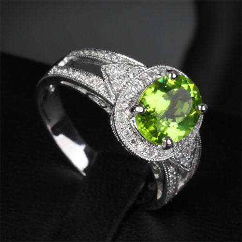 Oval Peridot Engagement Ring Pave Diamond Wedding 14K White Gold 7x9mm Milgrain - Lord of Gem Rings - 7