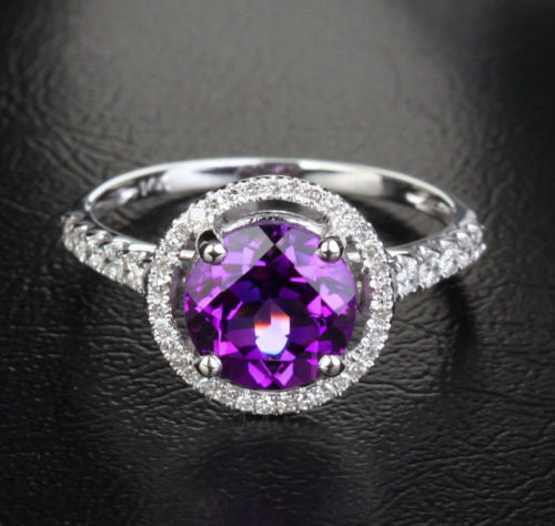 Round AMETHYST ENGAGEMENT RING Pave DIAMOND Wedding 14K WHITE GOLD 8mm - Lord of Gem Rings - 2