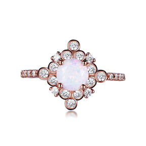 Round Africal Opal Vintage Bezel Diamond Halo Rose Gold Ring