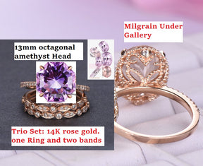 Reserved for Alisha octagonal amethyst Ring Tiro Sets Art Deco Bands Milgrain Under Gallery 14K Yellow Gold 13mm
