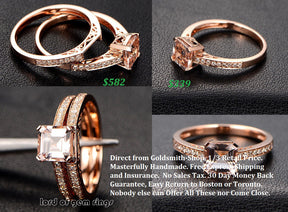 Asscher Morganite Engagement Ring Sets Pave Diamond Wedding 14K Rose Gold 6.5mm - Lord of Gem Rings - 1