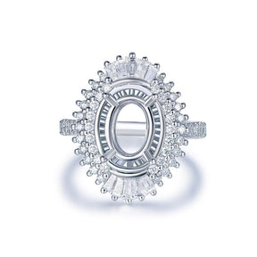 Baguette Diamond Double Halo Oval Semi Mount Ring 14K White Gold - Lord of Gem Rings