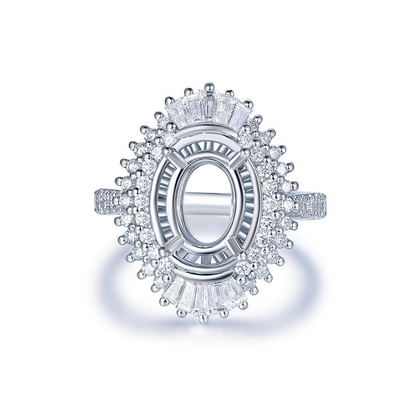 Baguette Diamond Double Halo Oval Semi Mount Ring 14K White Gold - Lord of Gem Rings