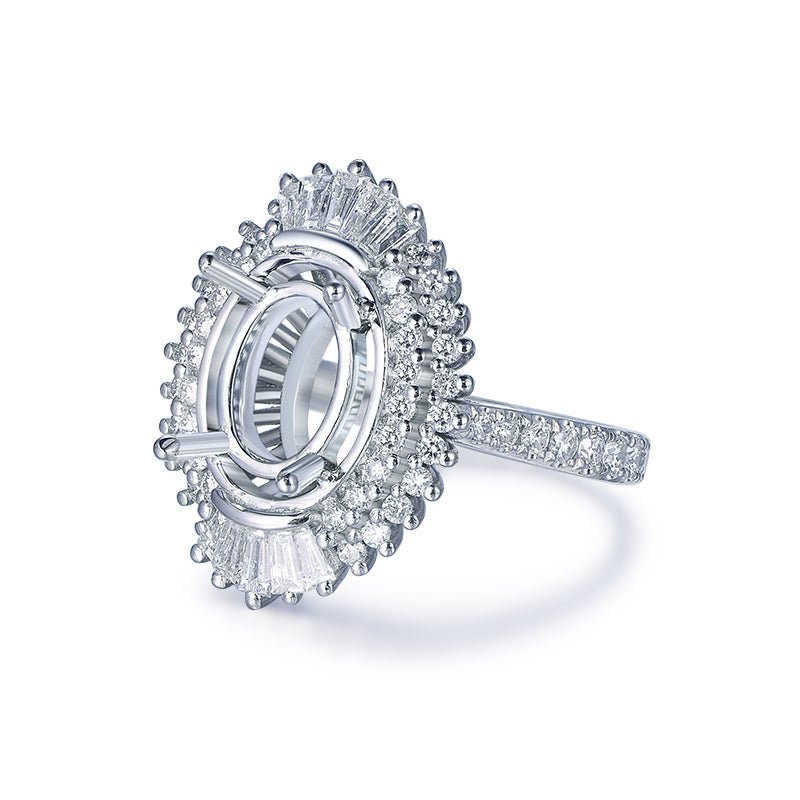 Baguette Diamond Double Halo Oval Semi Mount Ring 14K White Gold - Lord of Gem Rings