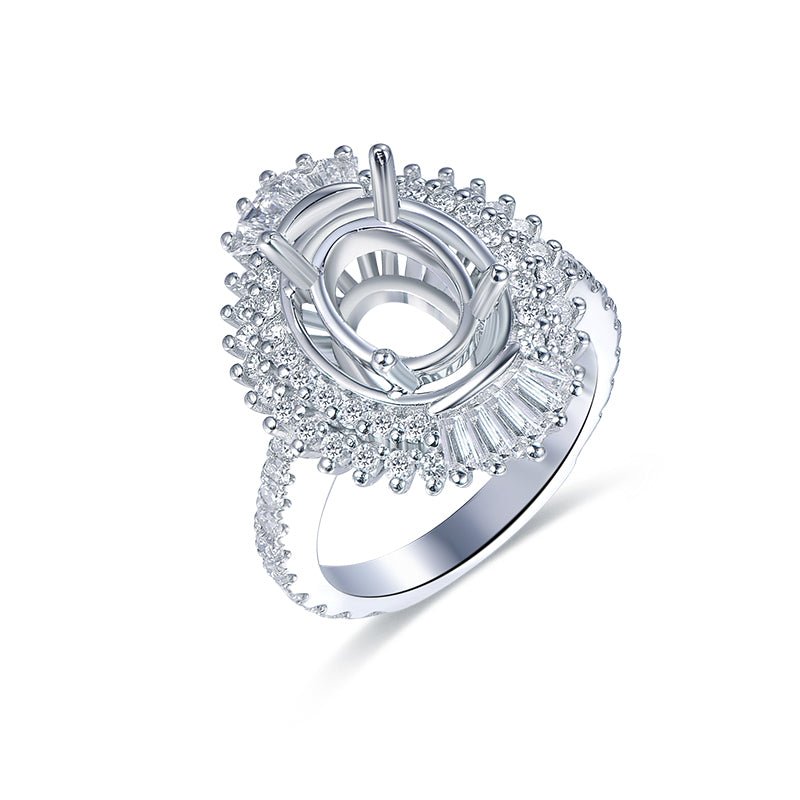Baguette Diamond Double Halo Oval Semi Mount Ring 14K White Gold - Lord of Gem Rings