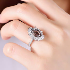 Baguette Diamond Double Halo Oval Semi Mount Ring 14K White Gold - Lord of Gem Rings