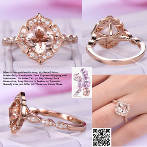 Reserved for natehoncho Cushion Morganite Cathedral Ring Diamond Art Deco Shank 18K Rose Gold 7mm