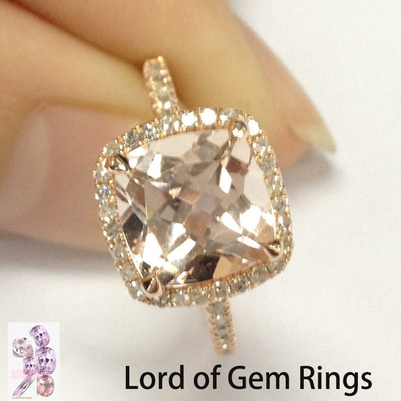 Cushion Morganite Engagement Ring Pave Diamonds Wedding 14K Rose Gold 8mm - Lord of Gem Rings - 1