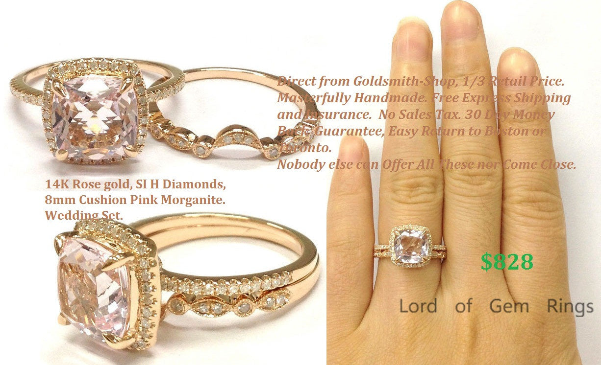 Reserved for Frank, Retangular Cushion Pink Morganite Engagement Ring Bridal Sets Pave Diamond 14K Rose Gold - Lord of Gem Rings - 3
