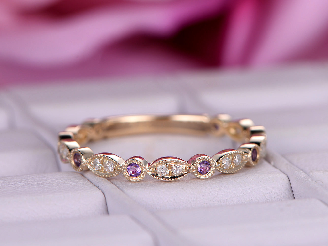 Reserved for jana-105  Amethyst Diamond Wedding Ring Full eternity Art Deco14K White Gold
