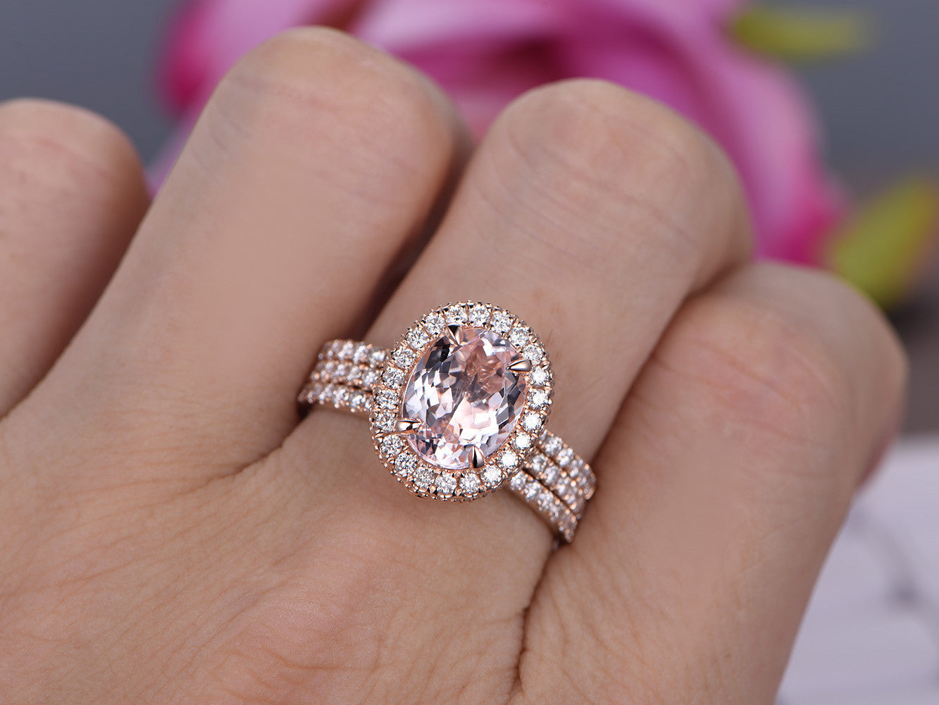 Reserved for Sara Oval Morganite Engagement Ring Trio Set Pave 1.5mm Diamonds 14K Rose Gold