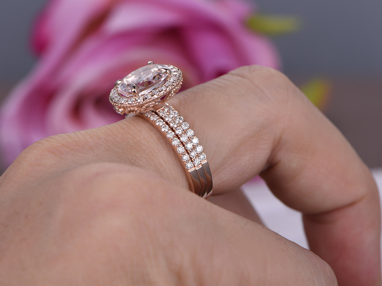 Reserved for Sara Oval Morganite Engagement Ring Trio Set Pave 1.5mm Diamonds 14K Rose Gold