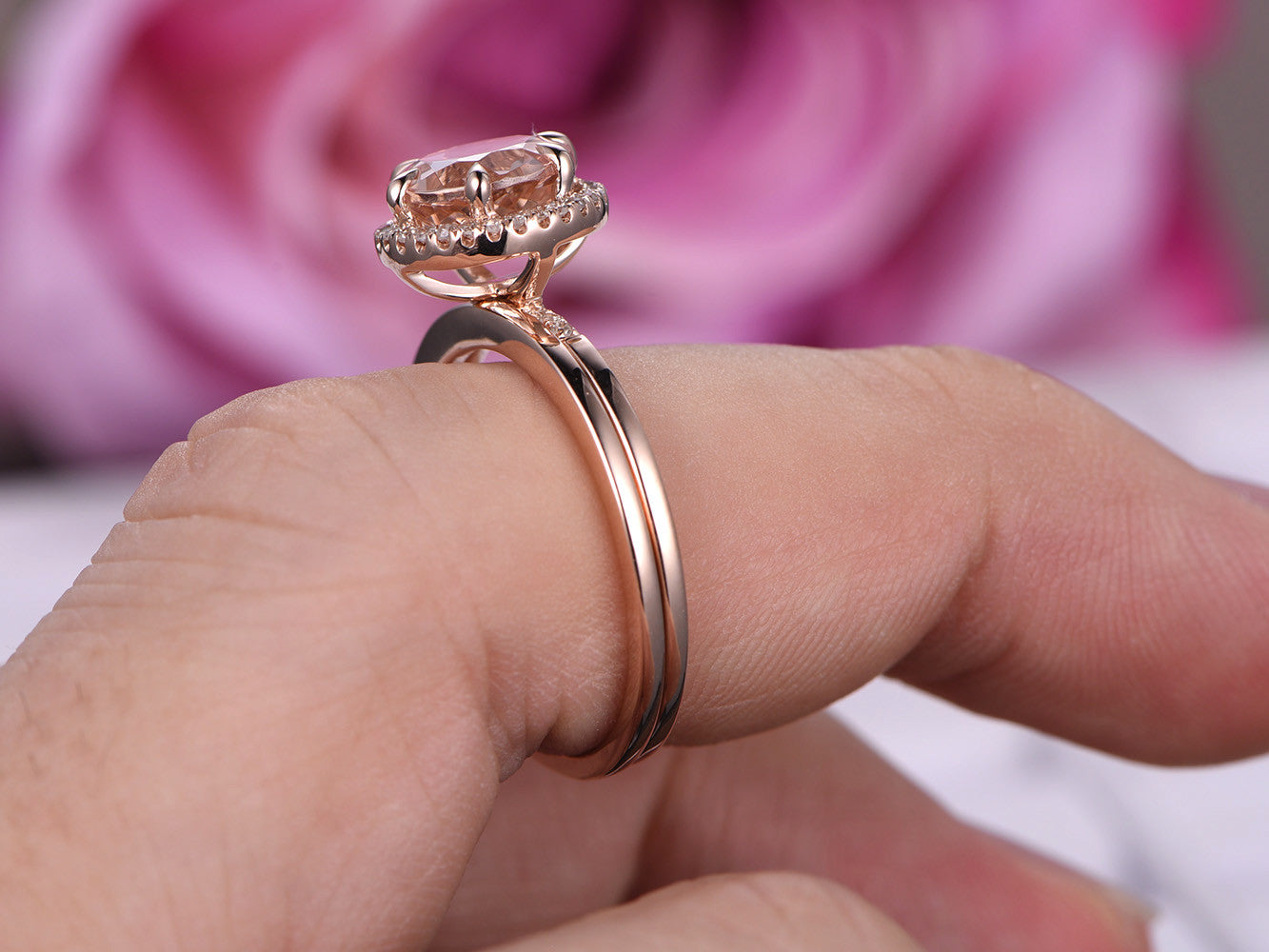 Round Morganite Diamond Halo Ring with Plain Gold Band Bridal Set