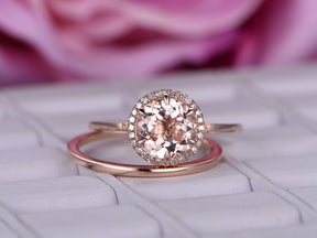 Round Morganite Diamond Halo Ring with Plain Gold Band Bridal Set