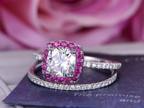 Ruby Halo Cushion Moissanite Bridal Set with Diamond Accents