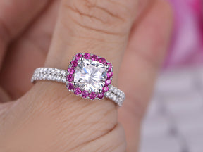 Ruby Halo Cushion Moissanite Bridal Set with Diamond Accents
