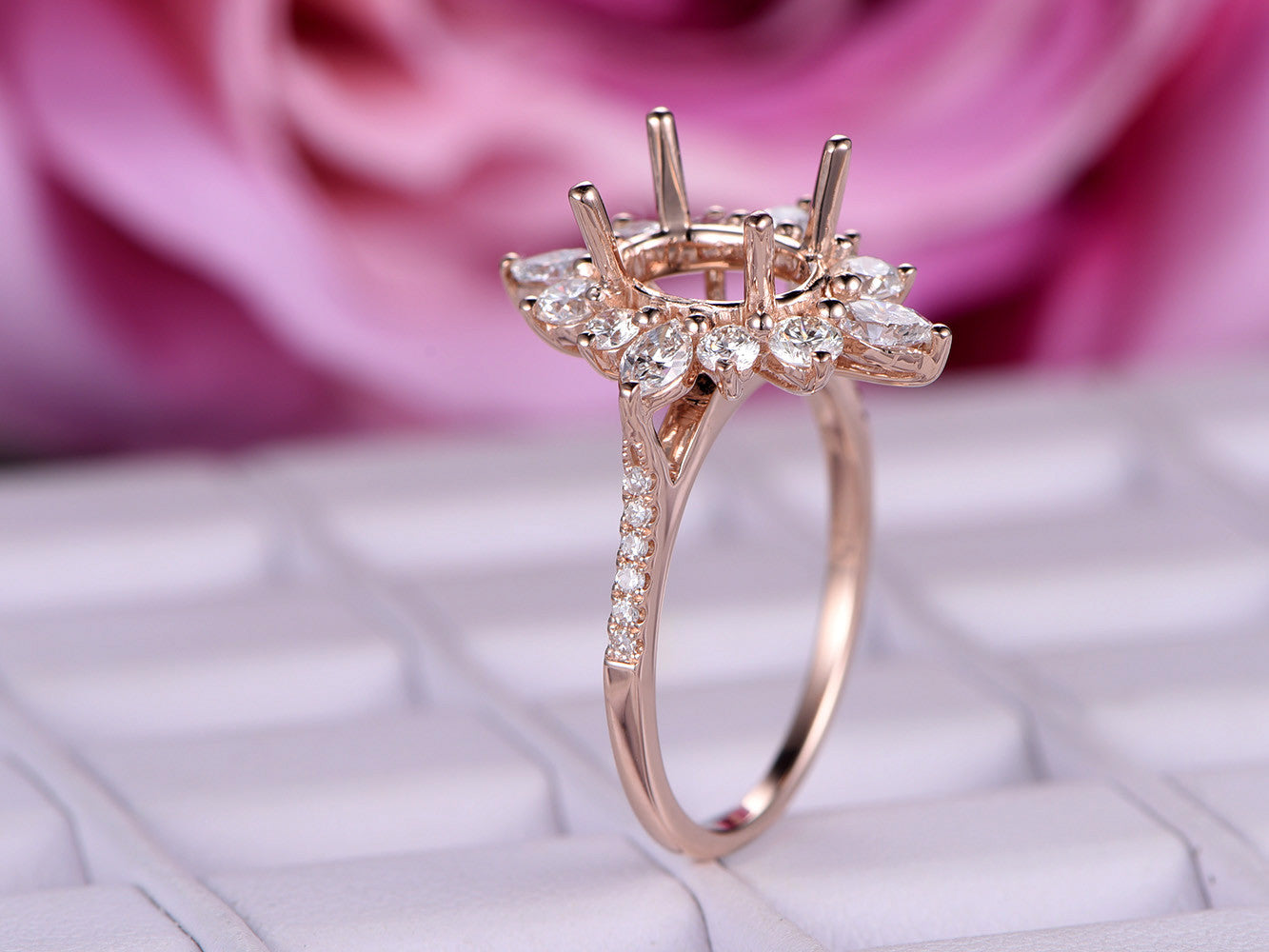 Reserved for AAA  Marquise Diamond Halo Engagement Semi Mount Ring 14K Rose Gold Marquise 4x8mm