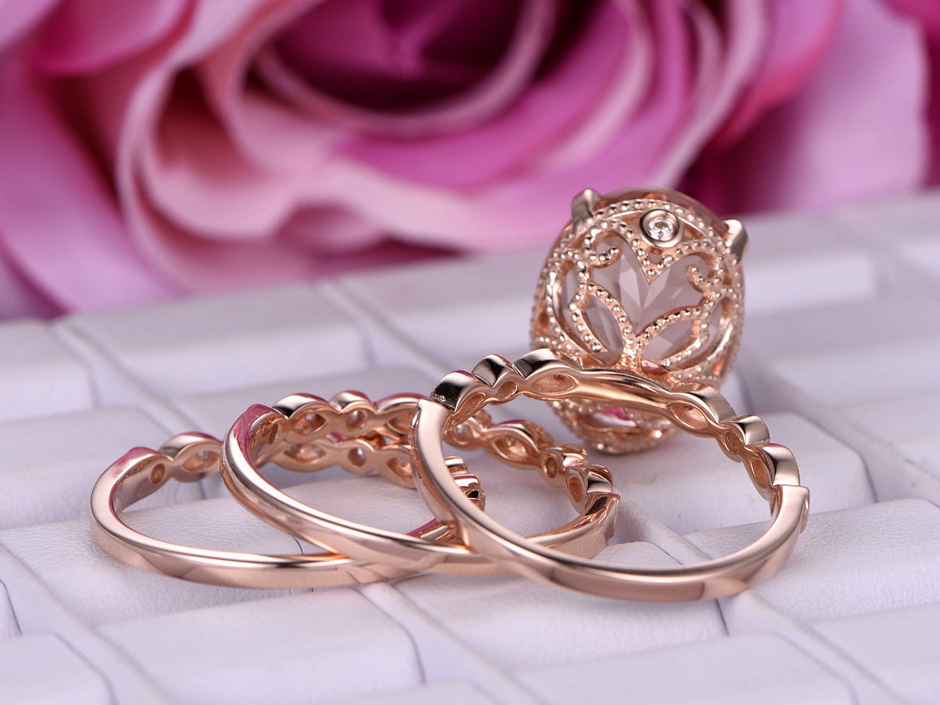 Reserved for Mwajuma 2nd payment ,Oval  Morganite Engagement Ring trio Sets 14K Rose Gold 12x16mm