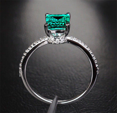 Emerald Shape Emerald Engagement Ring Pave Diamond Wedding 14K White Gold 6x8mm - Lord of Gem Rings - 1