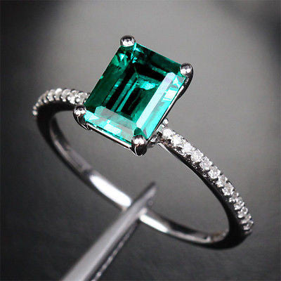 Emerald Shape Emerald Engagement Ring Pave Diamond Wedding 14K White Gold 6x8mm - Lord of Gem Rings - 2