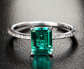 Emerald Shape Emerald Engagement Ring Pave Diamond Wedding 14K White Gold 6x8mm - Lord of Gem Rings - 3