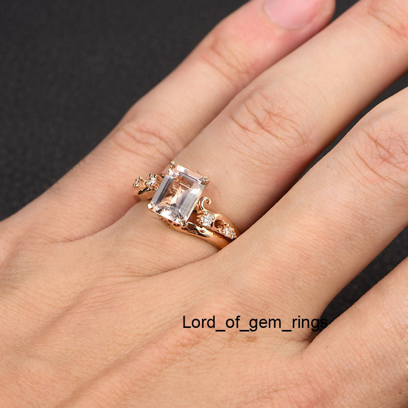 Emerald Cut Morganite Engagement Ring 14K Rose Gold 7x9mm Vintage Style - Lord of Gem Rings - 5