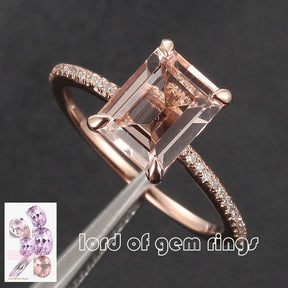 Emerald Cut Morganite Engament Ring Pave  Diamond Wedding 14k Rose Gold 6x8mm - Lord of Gem Rings - 1