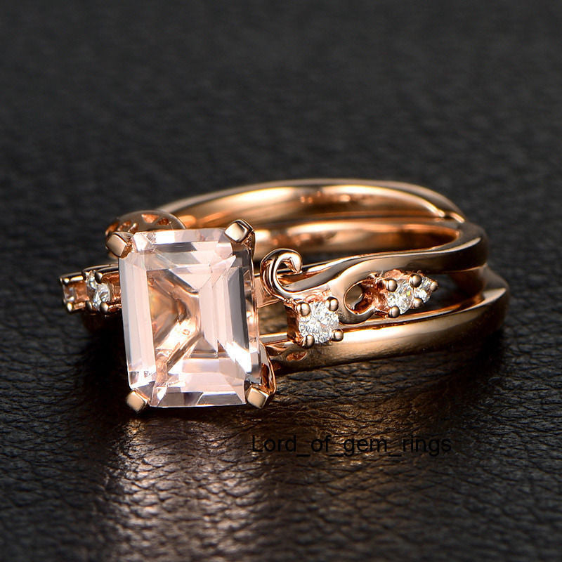 Emerald Cut Morganite Engagement Ring 14K Rose Gold 7x9mm Vintage Style - Lord of Gem Rings - 3